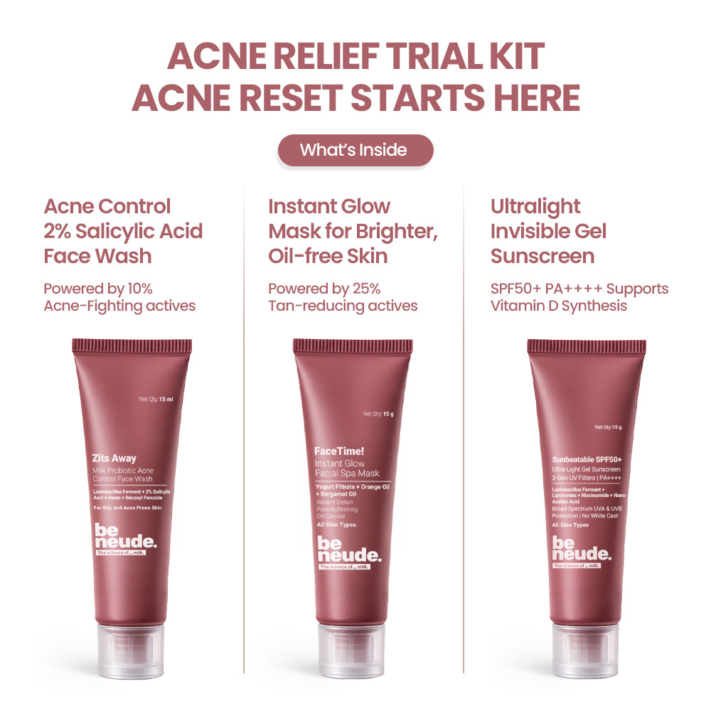Acne Relief Trial Kit: 2% Salicylic Acid Face Wash, DeTan Mask, In-Vivo Test SPF50+