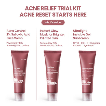 Acne Relief Trial Kit: 2% Salicylic Acid Face Wash, DeTan Mask, In-Vivo Test SPF50+