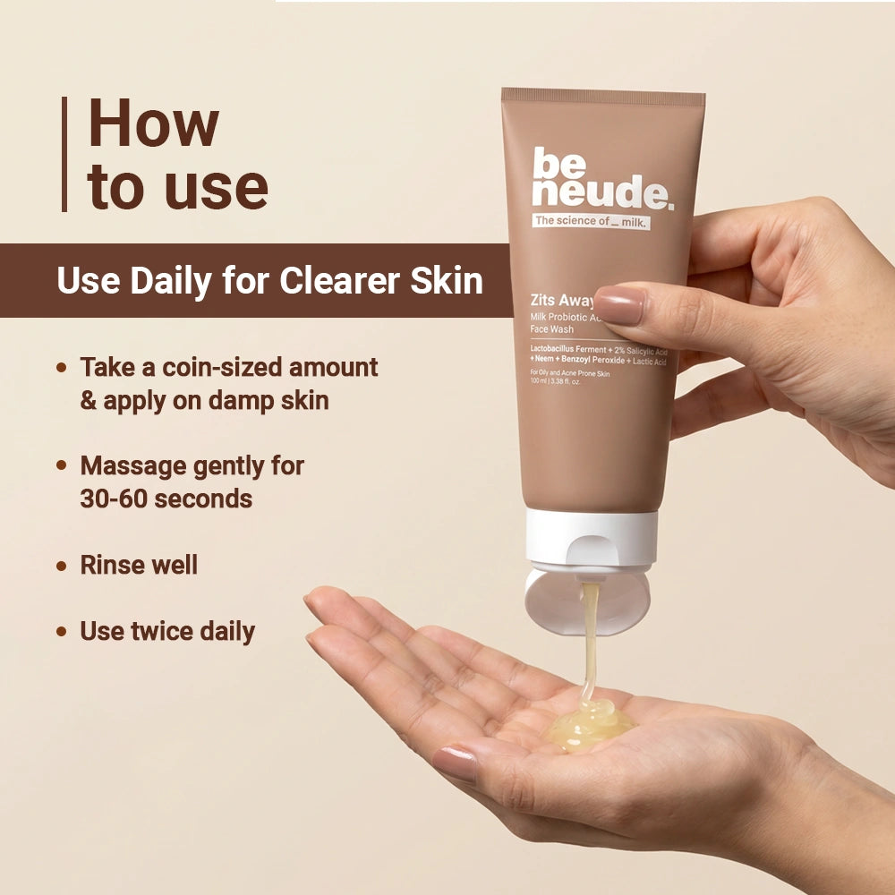 Zits Away Acne Control Gel Face Wash with 2% Salicylic Acid, Neem & Benzoyl Peroxide