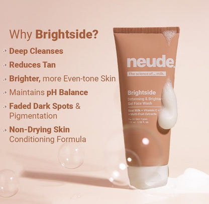Brightside - Skin Brightening and Detanning Gel Face Wash with Goat Milk, Vitamin C & Tartaric Acid (30% off) - Neude Skin